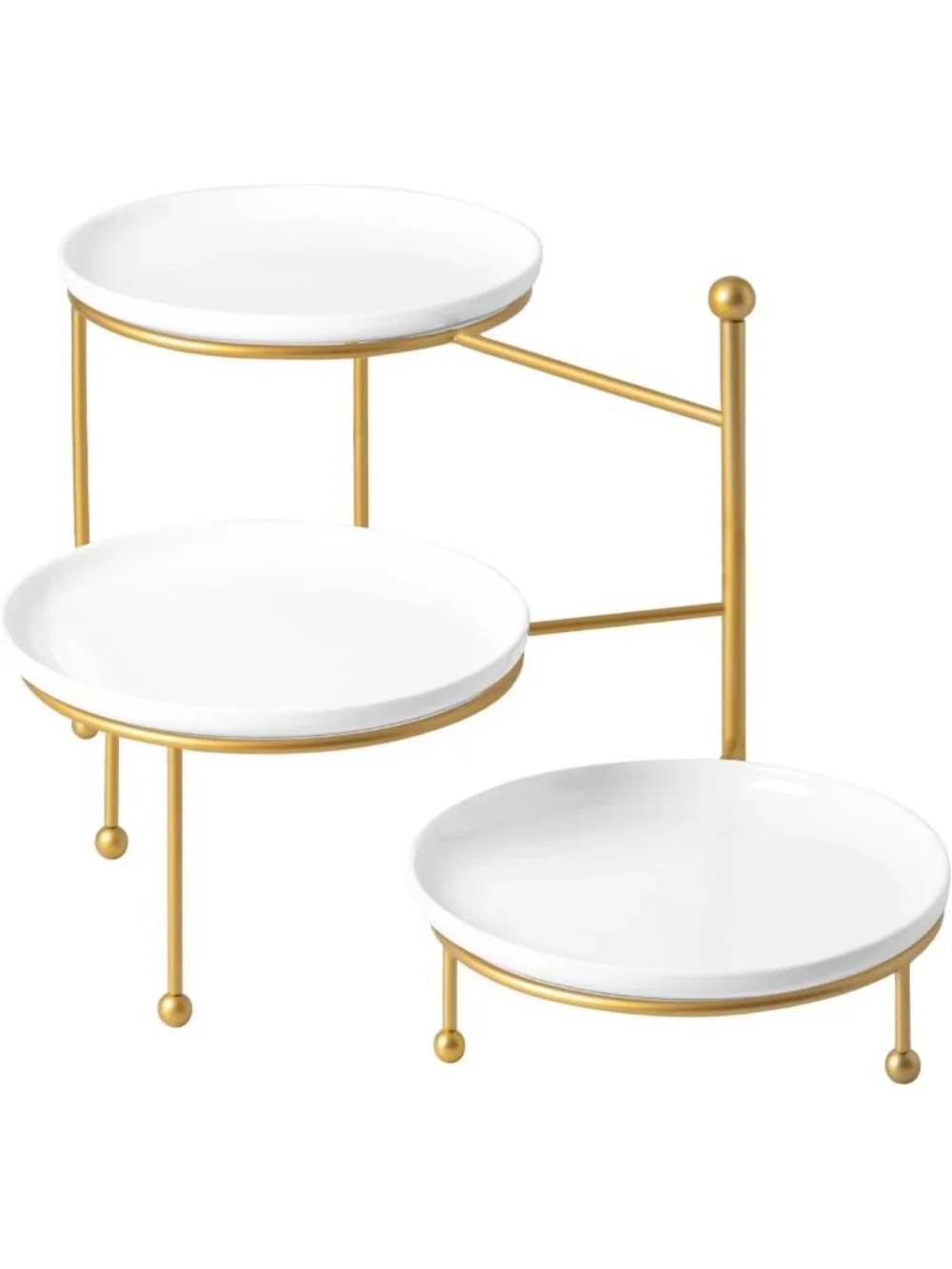 Elegant 3-Tier Serving Stand with White Porcelain Plates & Gold Metal Frame